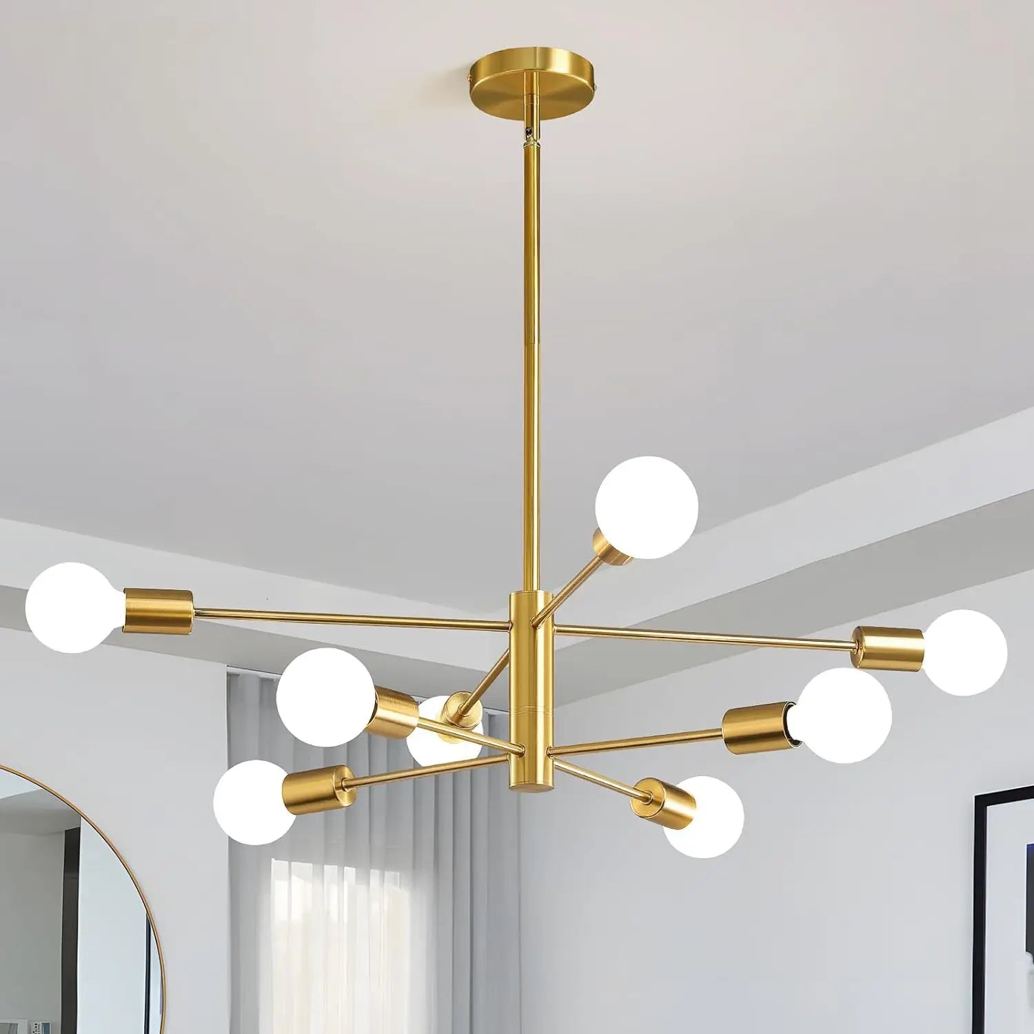 Gold-toned nordic modern sputnik semi-flush mount chandelier with six white glass spherical bulbs and a central cylindrical stem