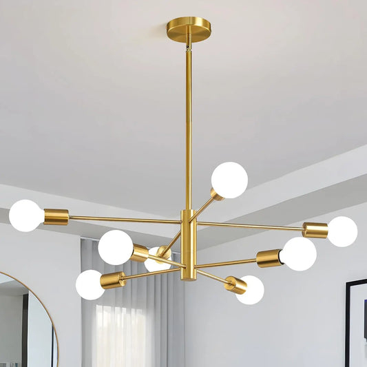 Gold-toned nordic modern sputnik semi-flush mount chandelier with six white glass spherical bulbs and a central cylindrical stem