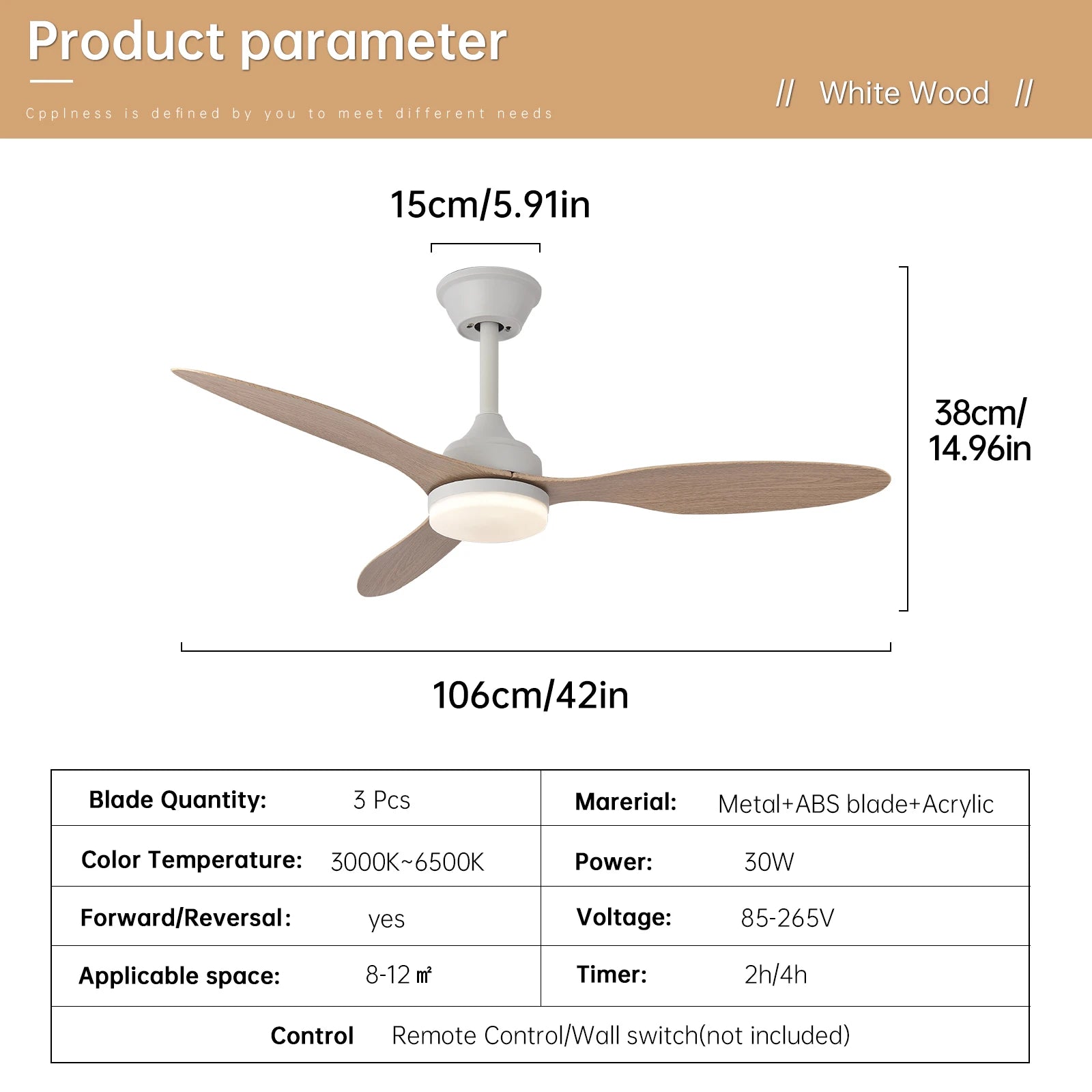 White wood low-profile ceiling fan with three light brown blades and a central circular LED light fixture with remote control
