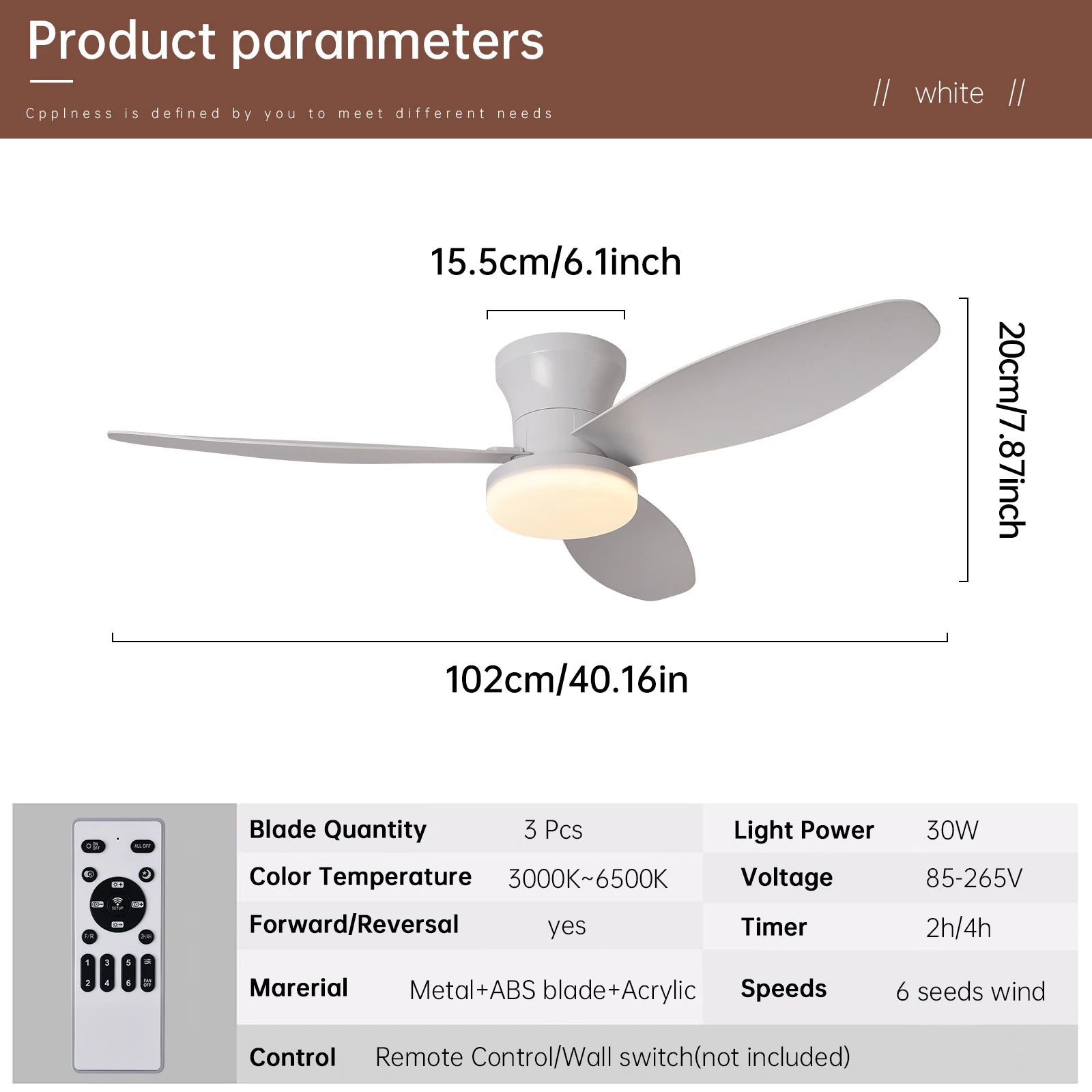 White ceiling fan with three sleek blades integrated light fixture 3 color 6 speed remote control