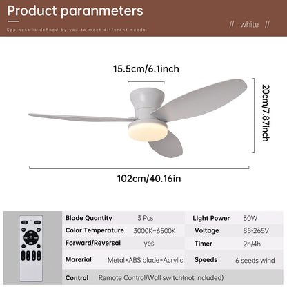 White ceiling fan with three sleek blades integrated light fixture 3 color 6 speed remote control