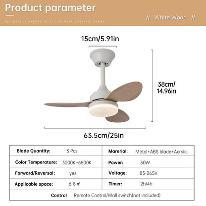 Low-profile ceiling fan with light and remote control featuring a white wood finish with three light-colored wooden blades and acrylic lighting fixture