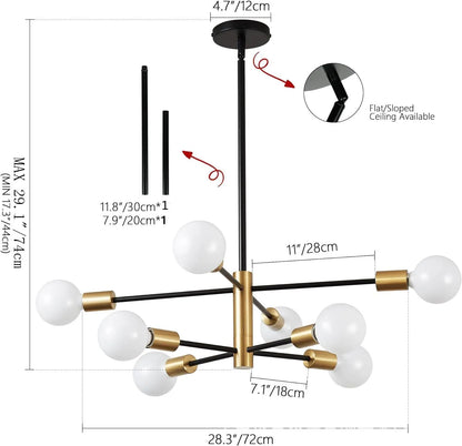 Modern black and gold nordic sputnik semi flush mount chandelier with spherical white glass bulbs