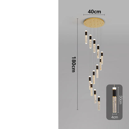 Modern crystal chandelier luxury pendant light with gold-toned circular frame and cascading black-accented LED cylinders