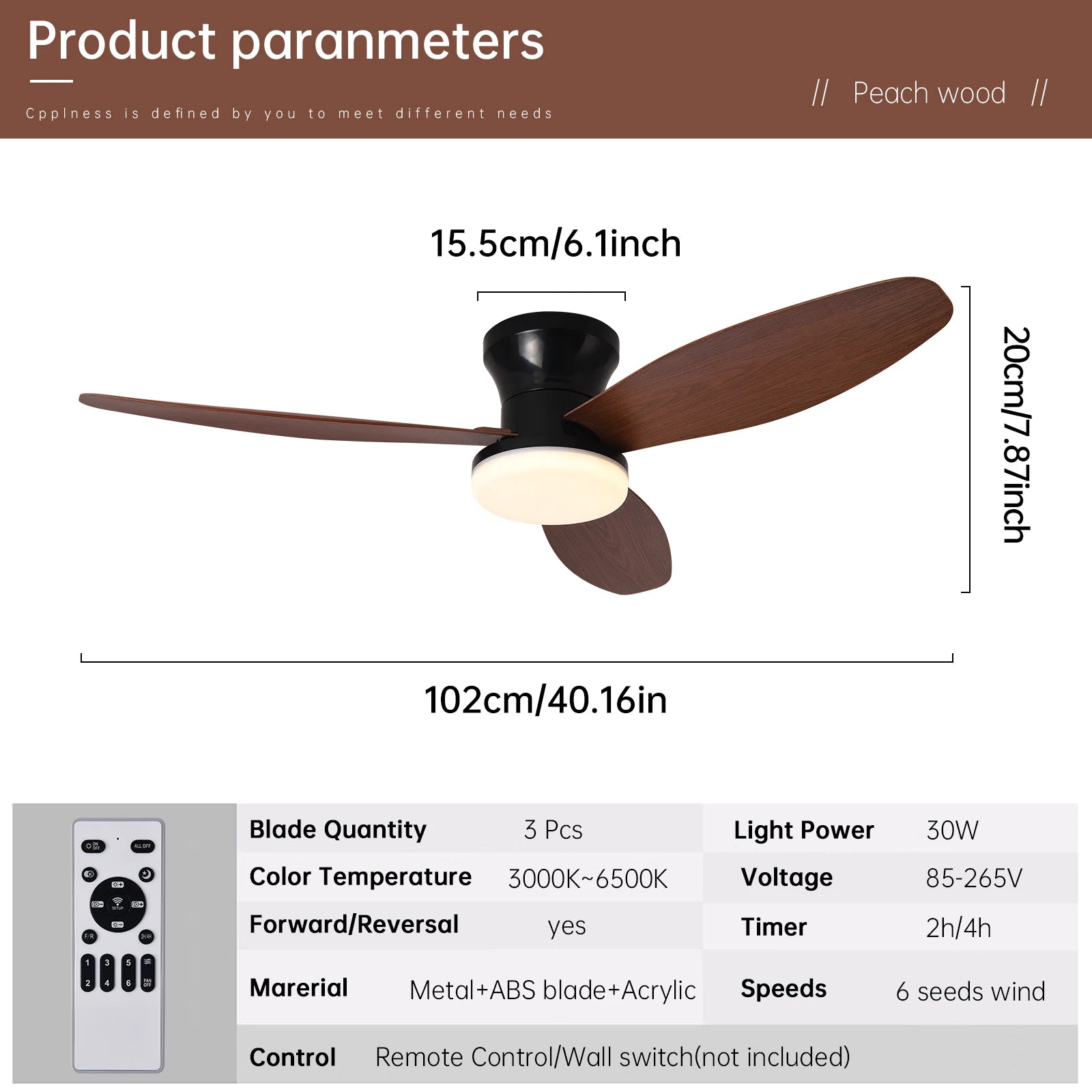 Peach wood ceiling fan with three blades black central housing integrated light remote control 3 color 6 speed