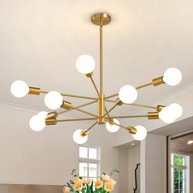 Gold-toned nordic modern sputnik semi-flush mount chandelier with multiple frosted glass globe bulbs