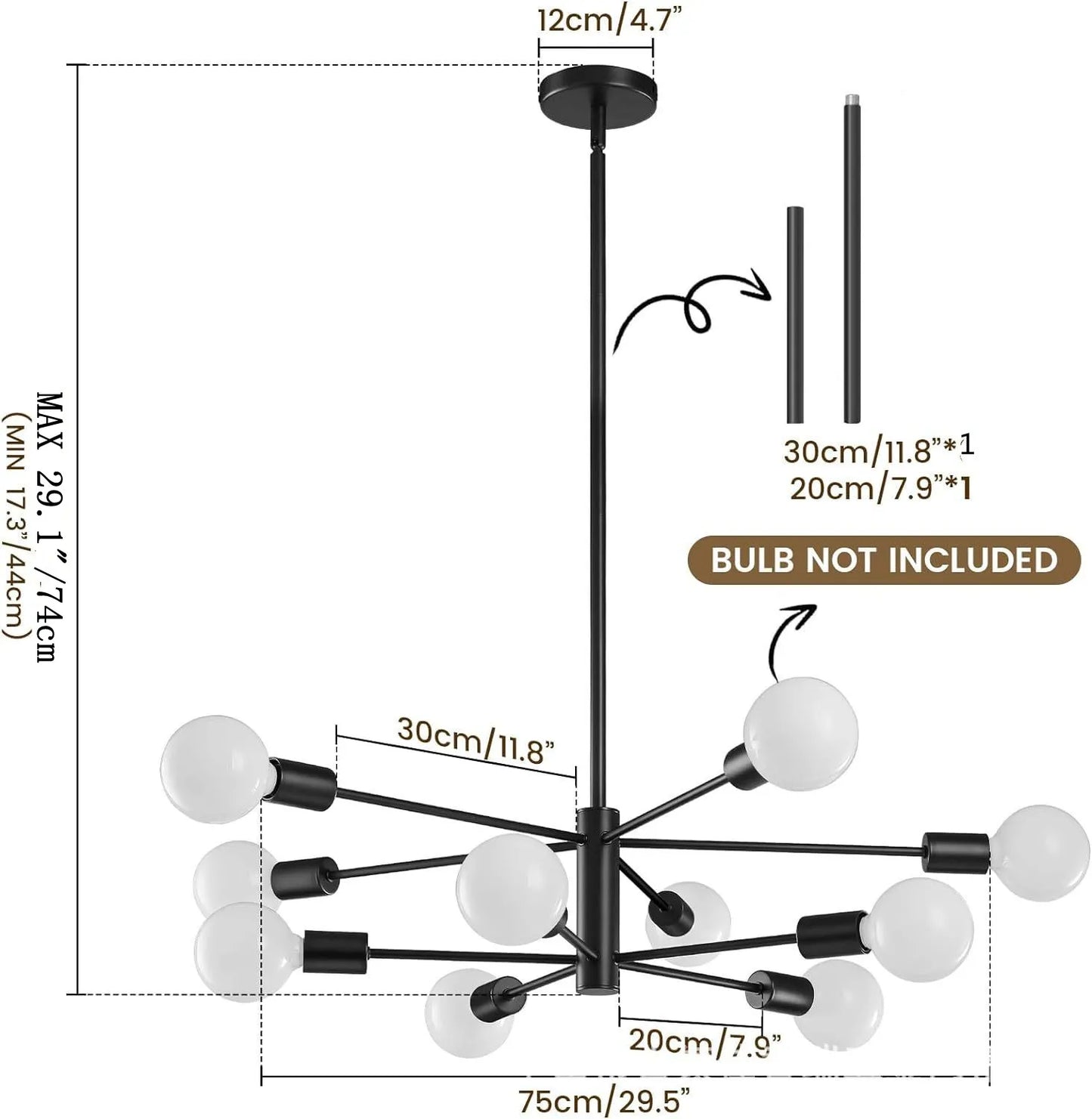 Black nordic modern sputnik semi flush mount chandelier with frosted glass globe bulbs and adjustable arms