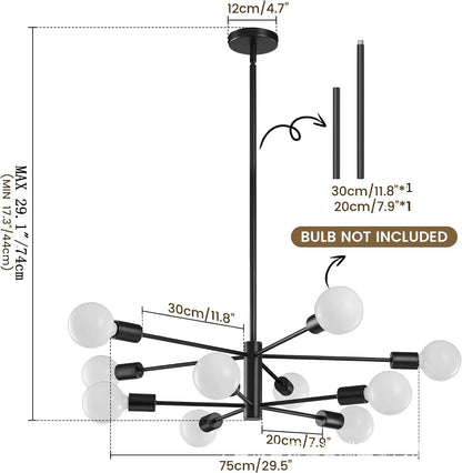 Black nordic modern sputnik semi flush mount chandelier with frosted glass globe bulbs and adjustable arms