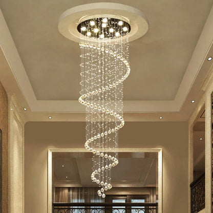 Spiral crystal led ceiling chandelier with spiral-shaped glass bead tiers and a circular metal ceiling mount