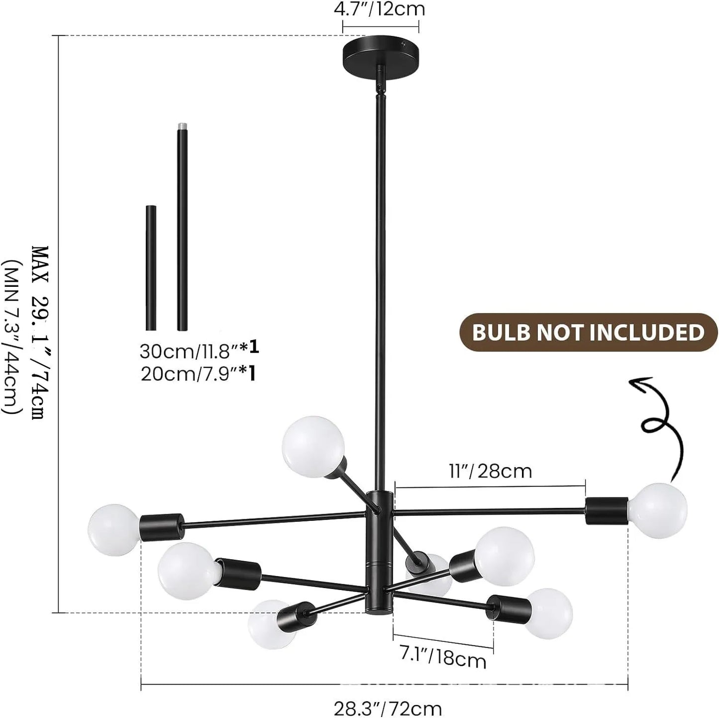 Black metal nordic modern sputnik semi flush mount chandelier with six white spherical glass bulbs