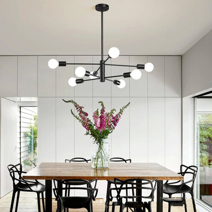 Black metal nordic modern sputnik semi flush mount chandelier with multiple white spherical bulbs
