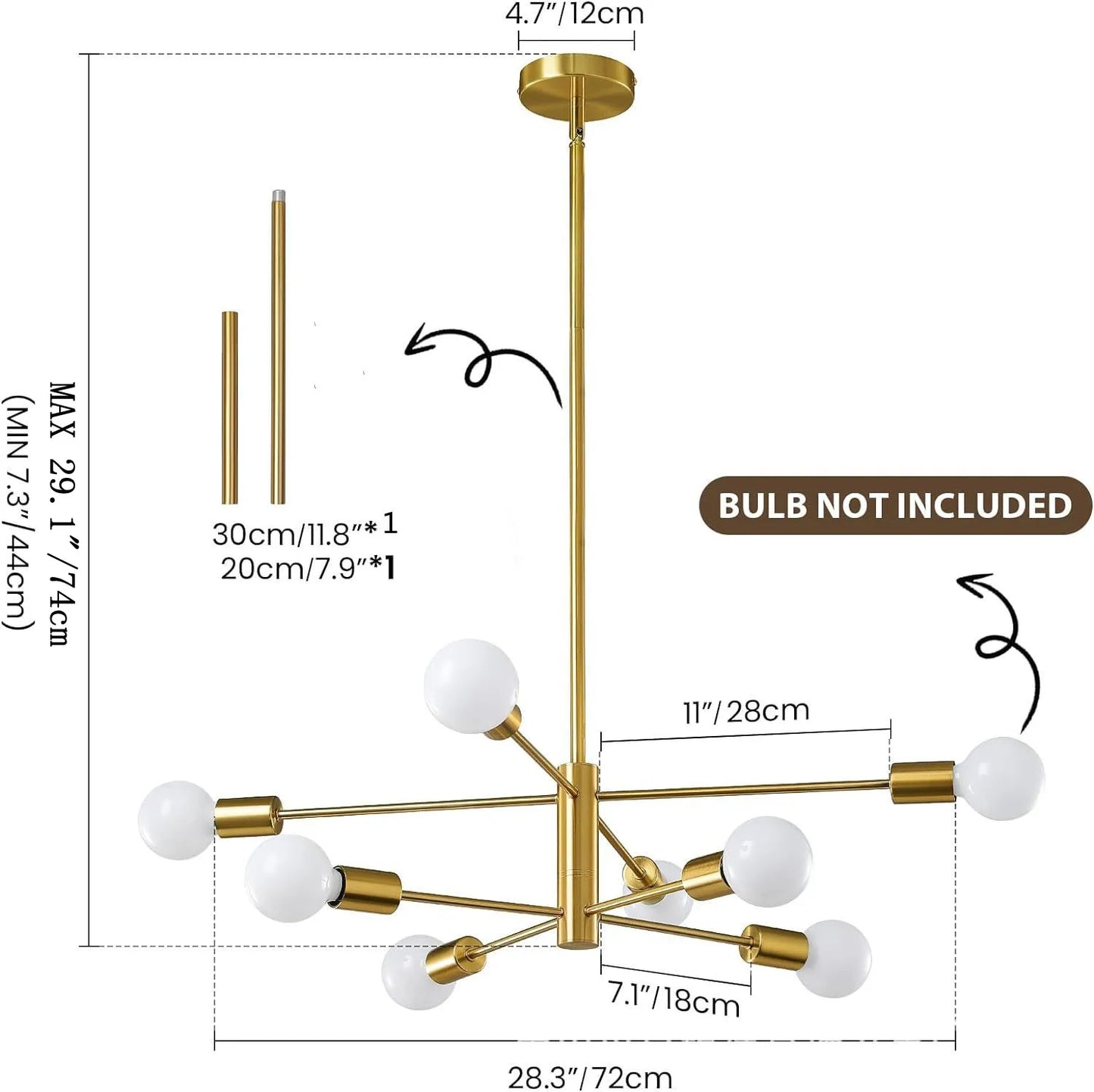 Gold-finished nordic modern sputnik semi-flush mount chandelier with multiple white spherical glass bulbs