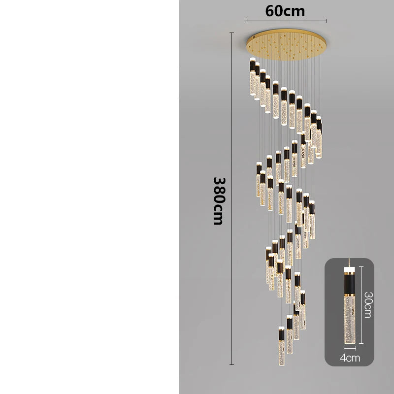 Modern crystal chandelier with elegant gold-toned finish and cascading crystal-encrusted cylindrical lights in spiral design