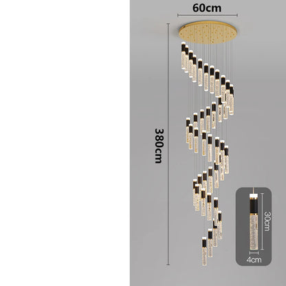 Modern crystal chandelier with elegant gold-toned finish and cascading crystal-encrusted cylindrical lights in spiral design