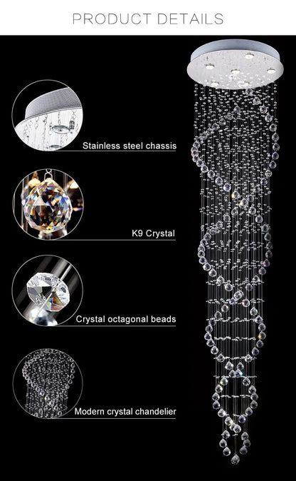 Modern spiral crystal led ceiling chandelier with sleek stainless steel chassis and cascading k9 crystals and octagonal beads