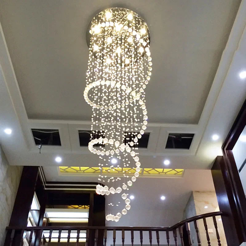 Spiral crystal led ceiling chandelier with cascading clear faceted beads and warm light for modern interiors