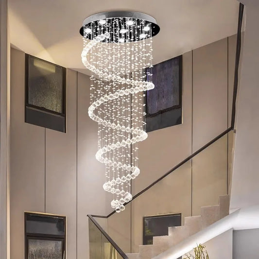 A modern spiral crystal led ceiling chandelier with clear beads and a sleek silver-toned circular top