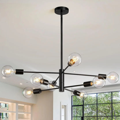 Black metal nordic modern sputnik semi flush mount chandelier with six clear glass globe bulbs