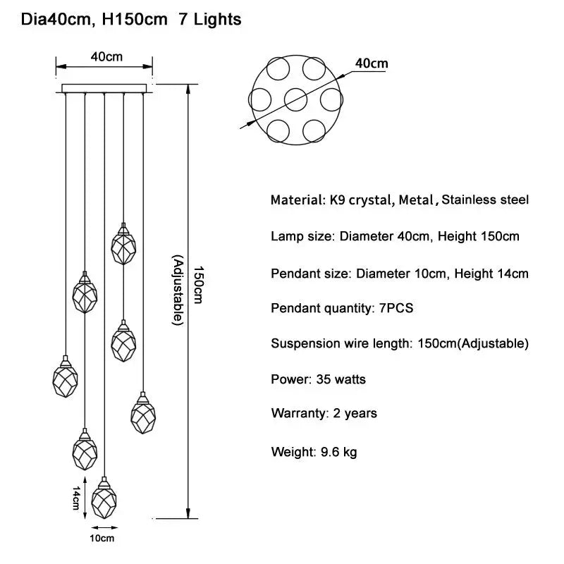 Diamond Crystal Ball Chandelier for Staircase Living Room - Dia40cm 7 lights / Gold