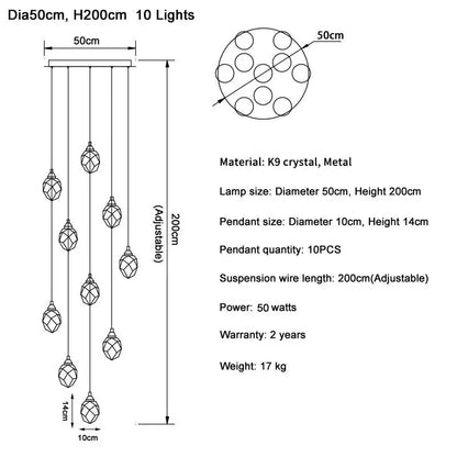 Diamond Crystal Ball Chandelier for Staircase Living Room - Dia50cm 10 lights / Gold