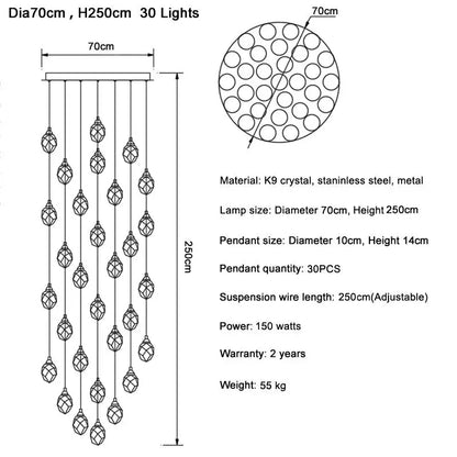 Diamond Crystal Ball Chandelier for Staircase Living Room - Dia70cm 30 lights / Gold