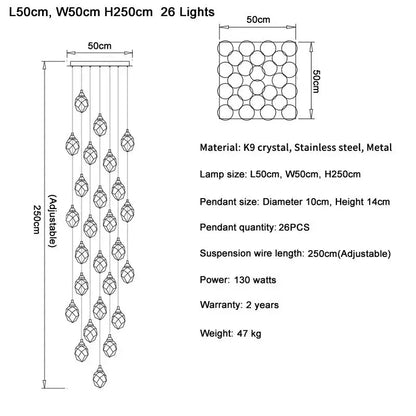 Diamond Crystal Ball Chandelier for Staircase Living Room - L50W50cm26 lights / Gold