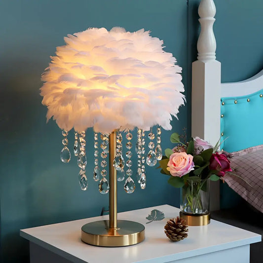 Fluffy Goose Feather Table Lamp With Crystal Tassels - White
