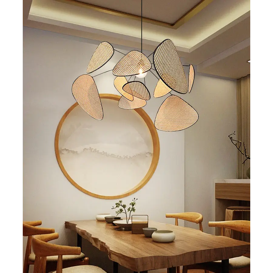 French Rattan Wicker Chandelier for Living Bedroom - Cool Light / Dia23.6’ Dia60.0cm