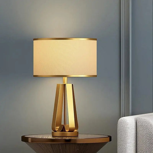 Gold Geometric Base Drum Linen Shade Table Lamp - Lighting > & Floor Lamps