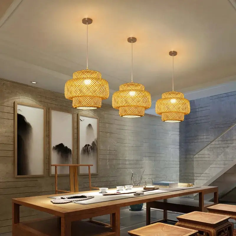 Hand‑Knitted Bamboo Pendant Lamp Natural Woven Light - Home & Garden > Lighting Fixtures