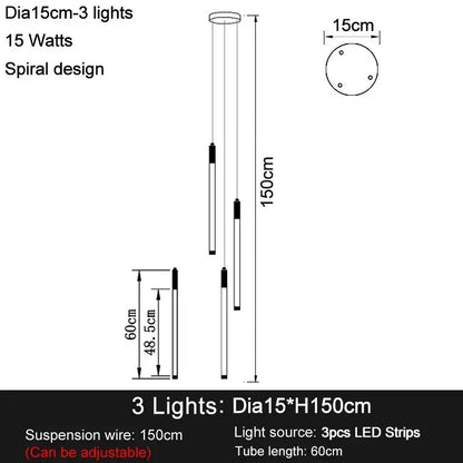 Long Led Strip Spiral Chandelier for Staircase,Lobby,Foyer - Dia15cm 3 lights / Gold NON