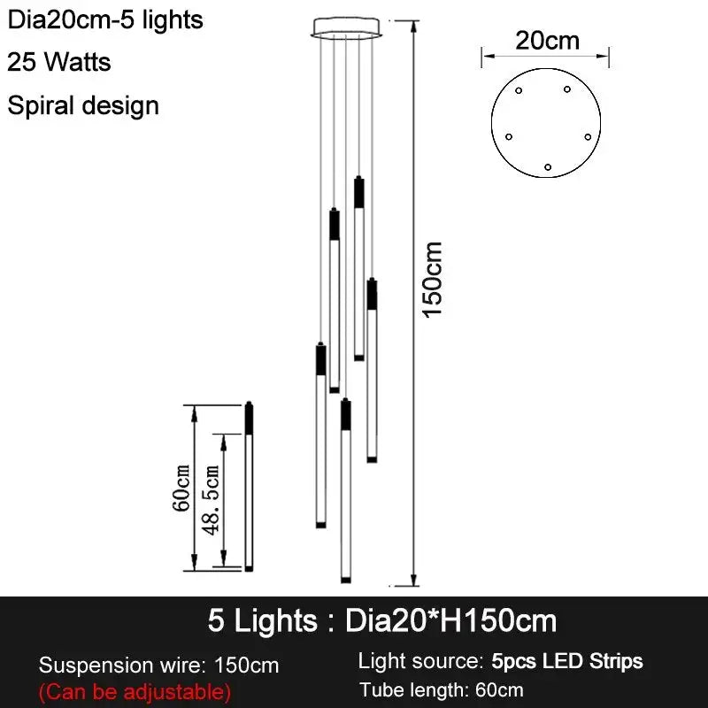 Long Led Strip Spiral Chandelier for Staircase,Lobby,Foyer - Dia20cm 5 lights / Gold NON