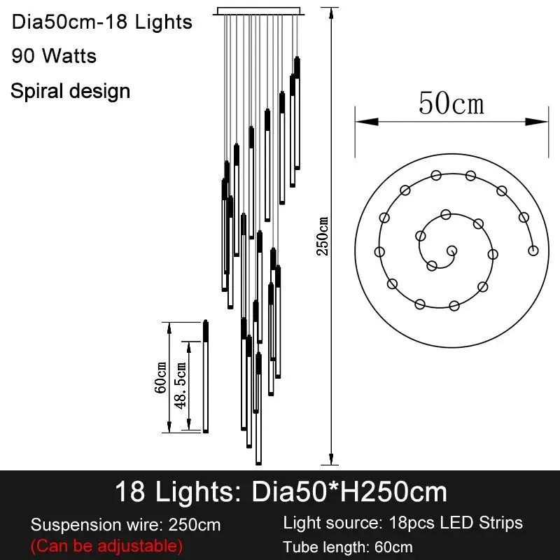 Long Led Strip Spiral Chandelier for Staircase,Lobby,Foyer - Dia50cm 18 lights / Gold NON