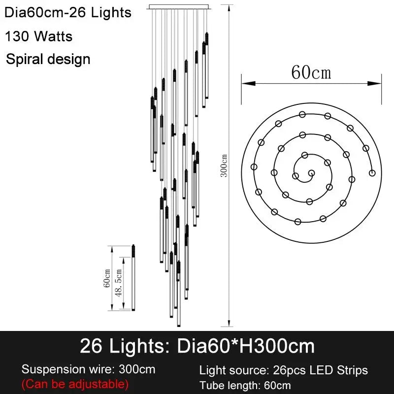 Long Led Strip Spiral Chandelier for Staircase,Lobby,Foyer - Dia60cm 26 lights / Gold NON