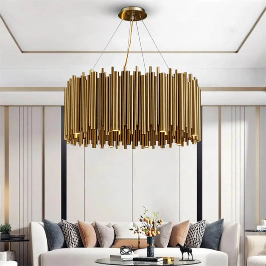 Luxury Brushed Gold Stainless Steel Tube Chandelier for Living - Dia30xH35cm / NON dimm