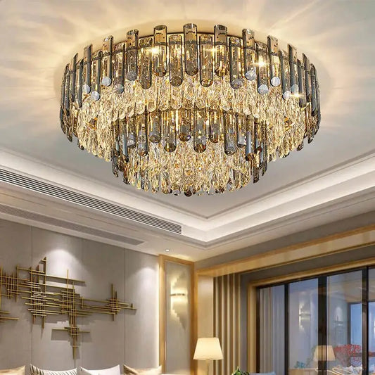 Luxury Grey Crystal Ceiling Round Chandelier for Living Dining - Dia120cm 2 layers