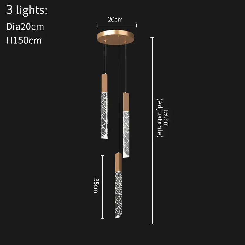 Luxury Hanging Long - Led Staircase Chandelier for Living Hall - 3 lights / Shiny Gold