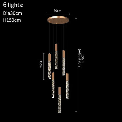 Luxury Hanging Long - Led Staircase Chandelier for Living Hall - 6 lights / Shiny Gold