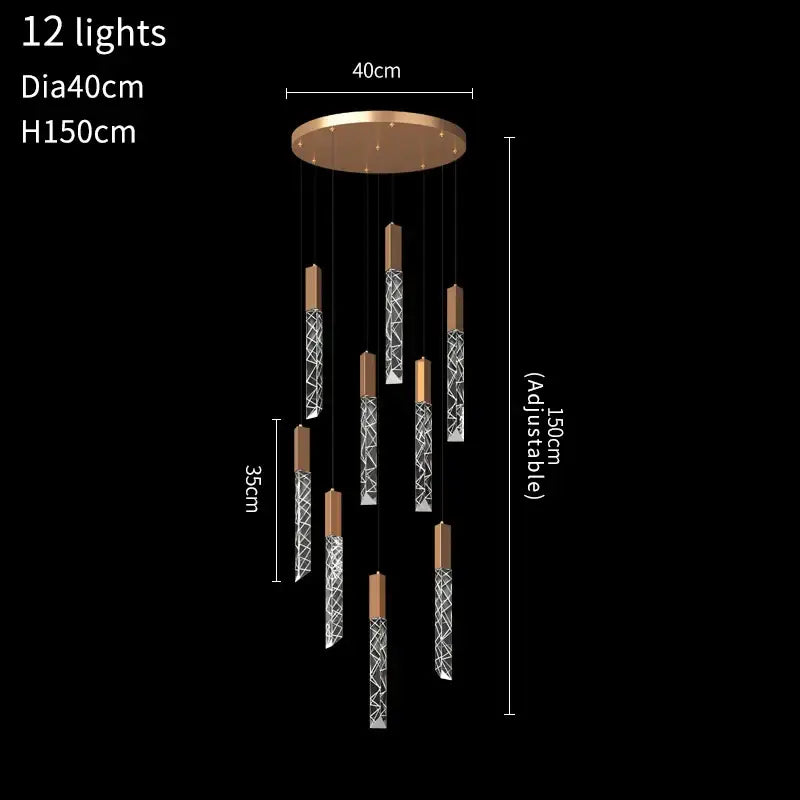 Luxury Hanging Long - Led Staircase Chandelier for Living Hall - 9 lights / Shiny Gold