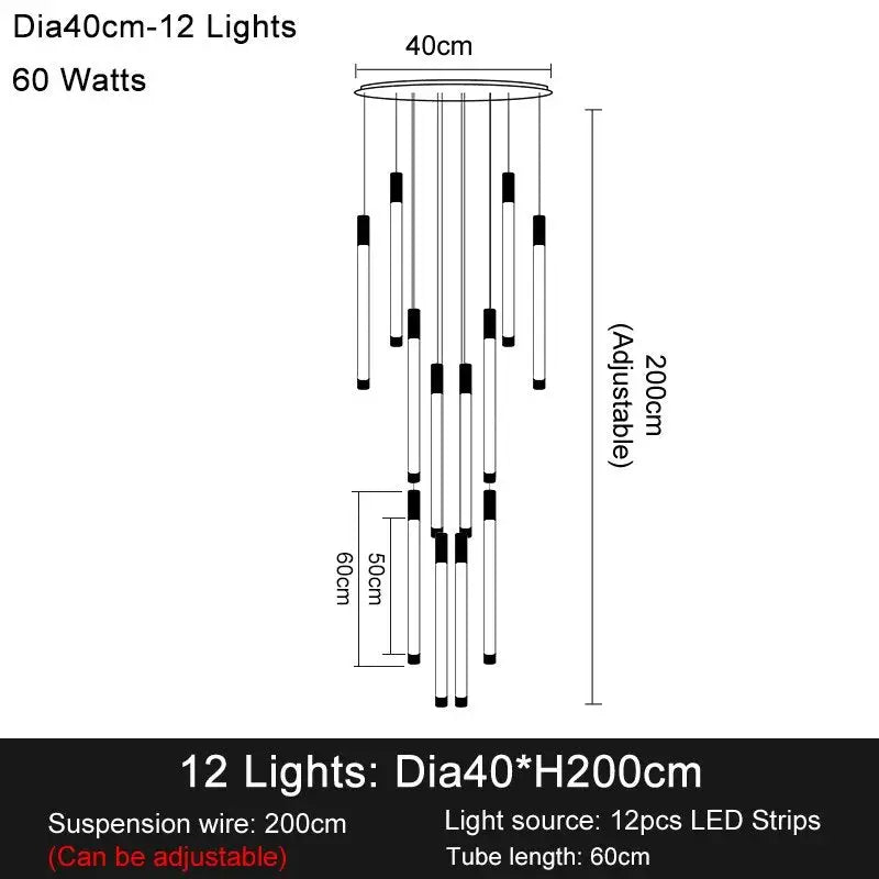 Luxury Long Led Strip Chandelier for Staircase Living Foyer - Dia40cm 12 lights / Gold