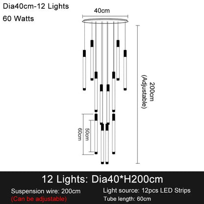 Luxury Long Led Strip Chandelier for Staircase Living Foyer - Dia40cm 12 lights / Gold