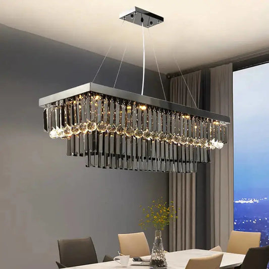 Luxury Rectangle Smoke Gray Crystal Chandelier for Dining Living - L80XW35XH30cm / Black