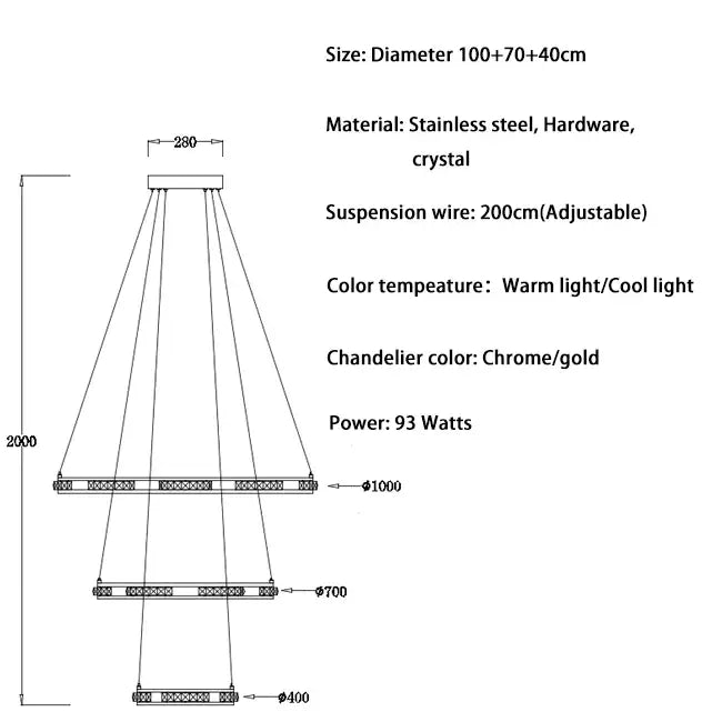 Luxury Ring LED Crystal Chandelier for Staircase Living - Dia100x70x40cm / Chrome NON