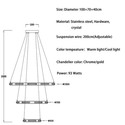 Luxury Ring LED Crystal Chandelier for Staircase Living - Dia100x70x40cm / Chrome NON