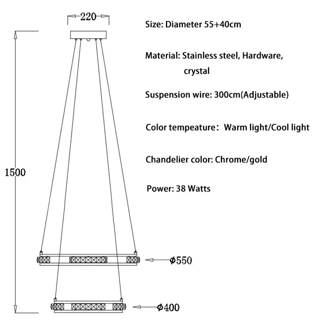 Luxury Ring LED Crystal Chandelier for Staircase Living - Dia40x55cm / Chrome NON dimm