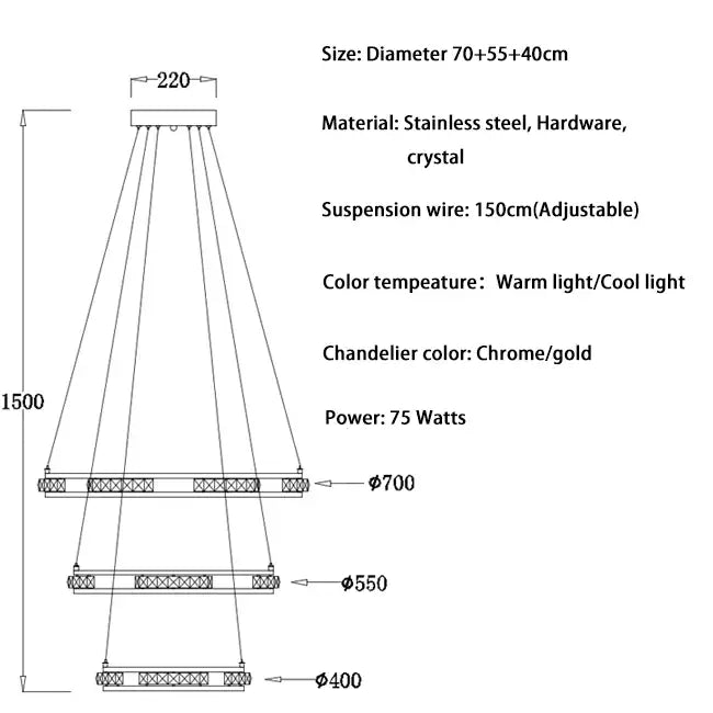 Luxury Ring LED Crystal Chandelier for Staircase Living - Dia70x55x40cm / Chrome NON dimm