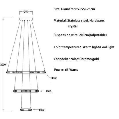 Luxury Ring LED Crystal Chandelier for Staircase Living - Dia85x55x25cm / Chrome NON dimm