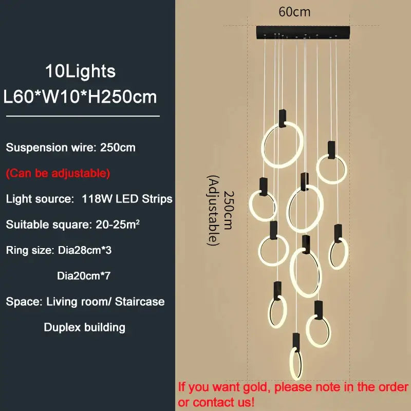 Luxury Round Hanging Acrylic Chandelier for Staircase Living - L60cm(10 lights) / Gold