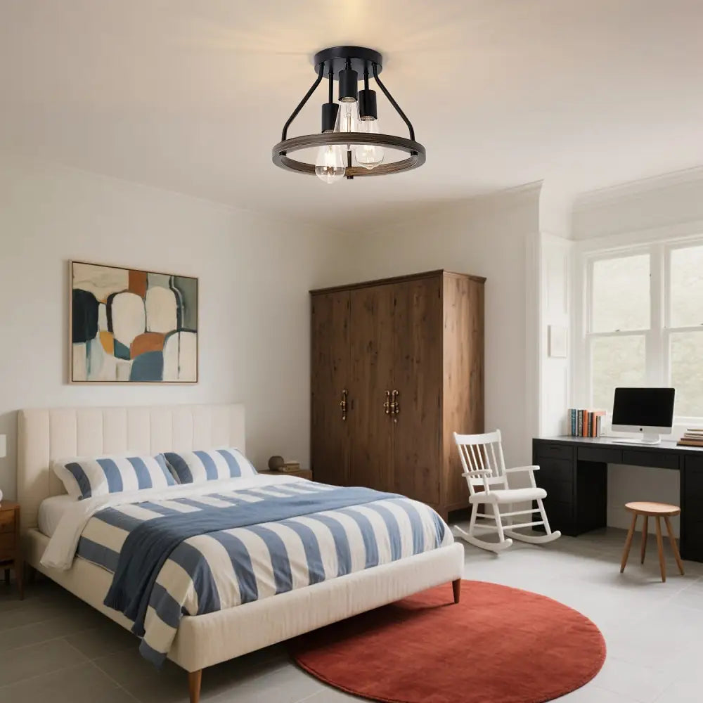 Modern Farmhouse Wood Semi Flush Mount Ceiling Light - 3 Head - Lighting > lights