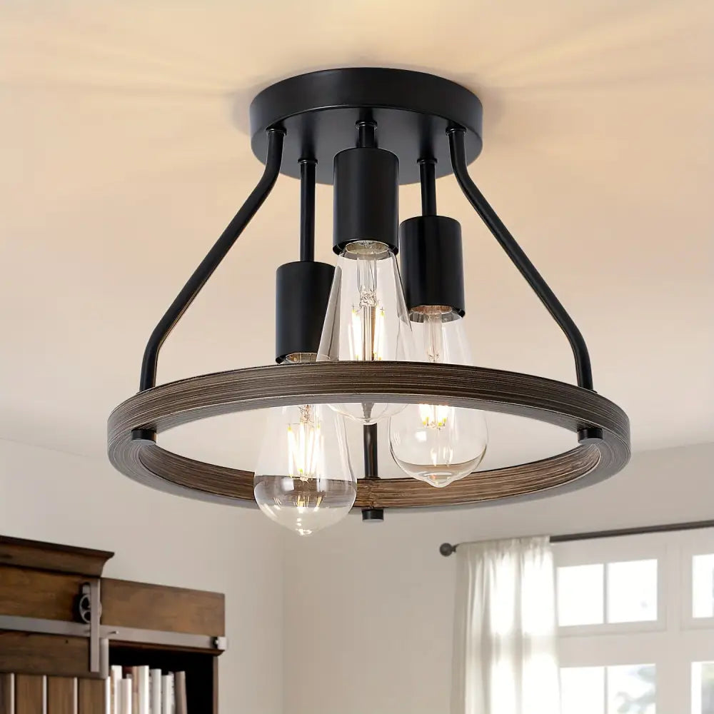 Modern Farmhouse Wood Semi Flush Mount Ceiling Light - 3 Head - Lighting > lights